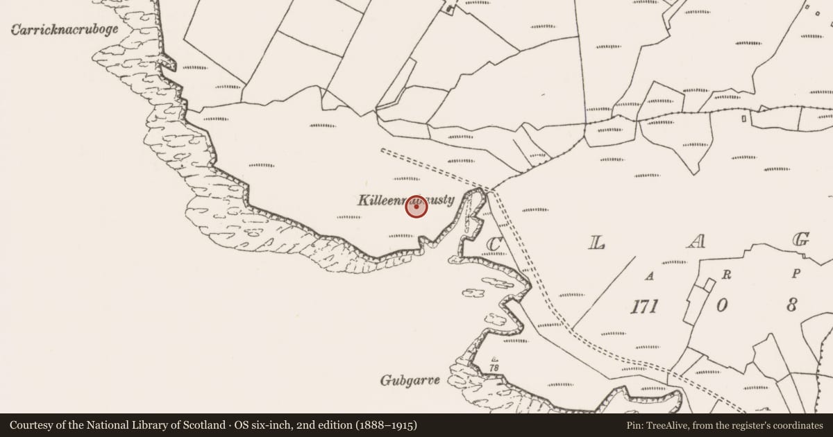 Ordnance Survey six-inch map, 2nd edition (1888–1915) covering the location of Children's burial ground, Dumha Éige, County Mayo, with a pin at the register's coordinates