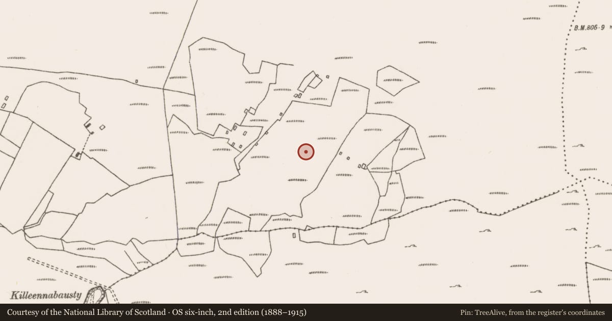 Ordnance Survey six-inch map, 2nd edition (1888–1915) covering the location of Settlement cluster, An Cloigeann, Dumha Éige, County Mayo, with a pin at the register's coordinates
