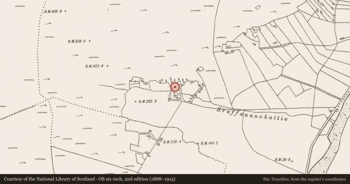 Ordnance Survey six-inch map, 2nd edition (1888–1915) covering the location of Settlement cluster, An Doirín, County Mayo, with a pin at the register's coordinates
