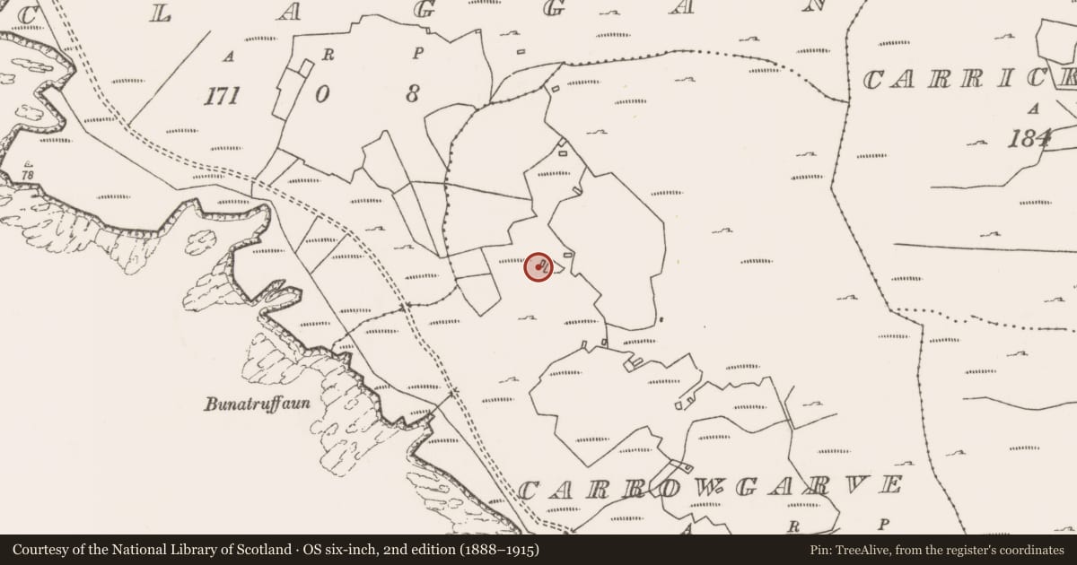 Ordnance Survey six-inch map, 2nd edition (1888–1915) covering the location of House - indeterminate date, An Cheathrú Gharbh, County Mayo, with a pin at the register's coordinates