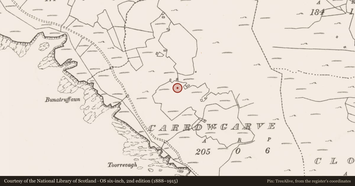Ordnance Survey six-inch map, 2nd edition (1888–1915) covering the location of House - indeterminate date, An Cheathrú Gharbh, County Mayo, with a pin at the register's coordinates