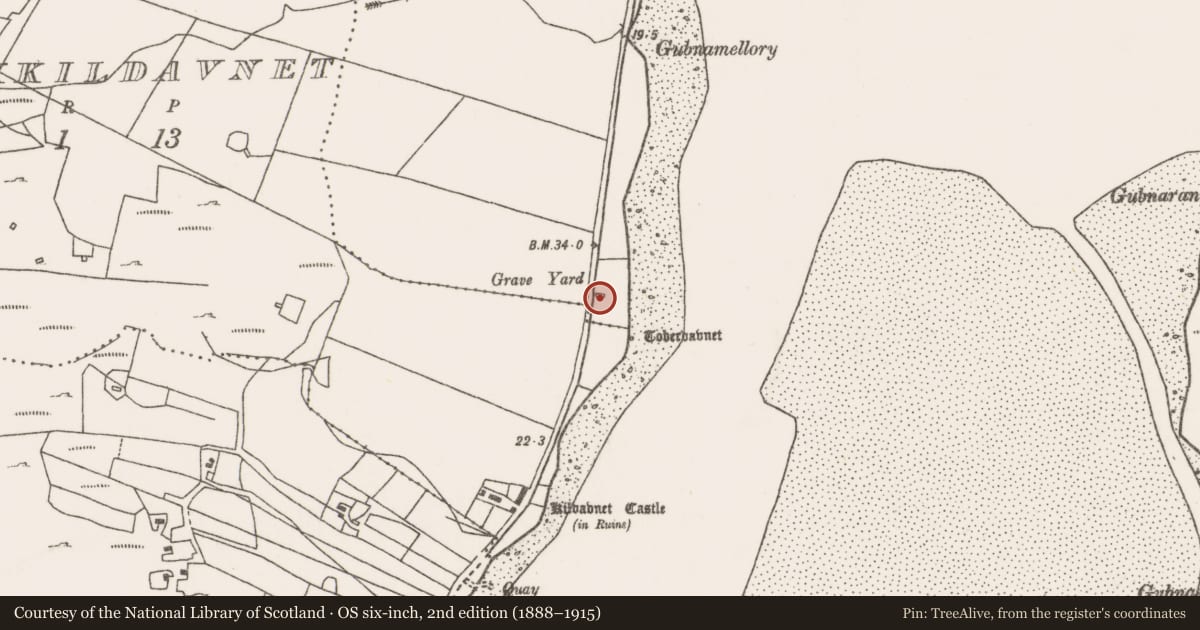 Ordnance Survey six-inch map, 2nd edition (1888–1915) covering the location of Church, Cill Damhnait, County Mayo, with a pin at the register's coordinates