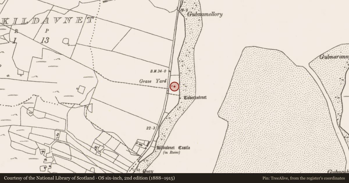 Ordnance Survey six-inch map, 2nd edition (1888–1915) covering the location of Graveyard, Cill Damhnait, County Mayo, with a pin at the register's coordinates