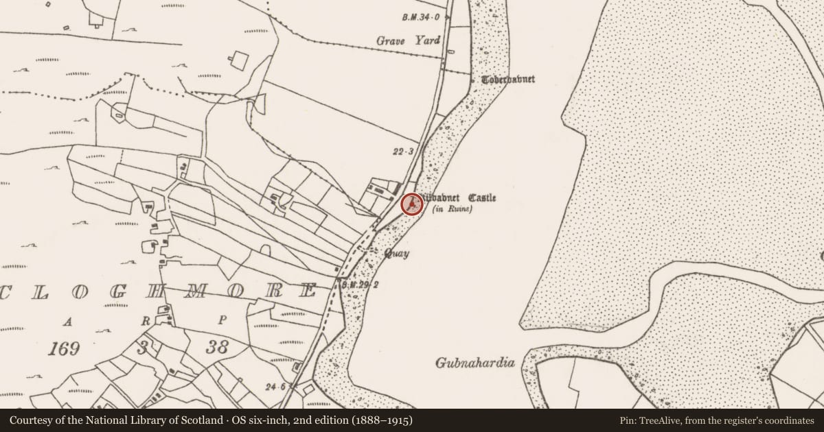 Ordnance Survey six-inch map, 2nd edition (1888–1915) covering the location of Castle - tower house, Cill Damhnait, County Mayo, with a pin at the register's coordinates