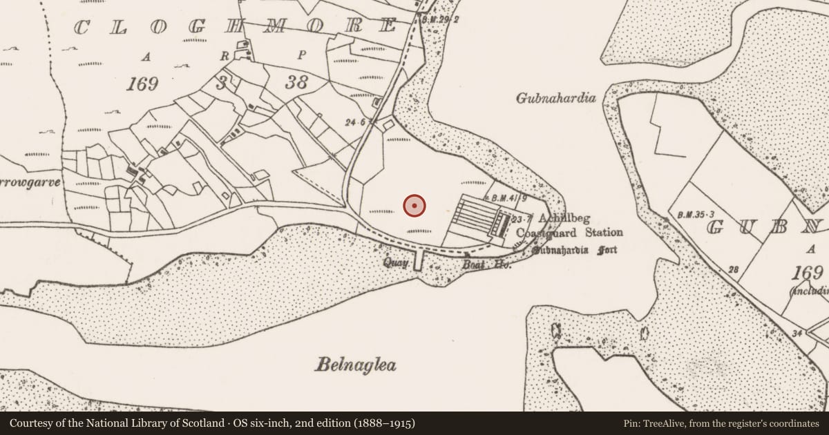 Ordnance Survey six-inch map, 2nd edition (1888–1915) covering the location of Enclosure, An Chloich Mhóir, County Mayo, with a pin at the register's coordinates