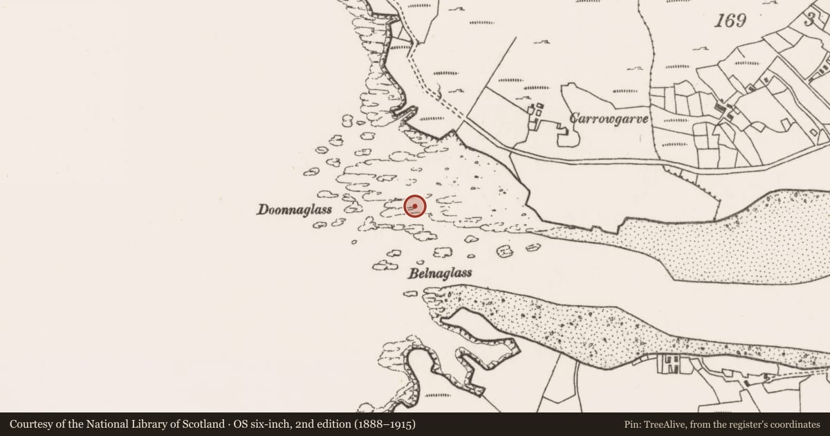 Ordnance Survey six-inch map, 2nd edition (1888–1915) covering the location of Hut site, An Cheathrú Gharbh, County Mayo, with a pin at the register's coordinates