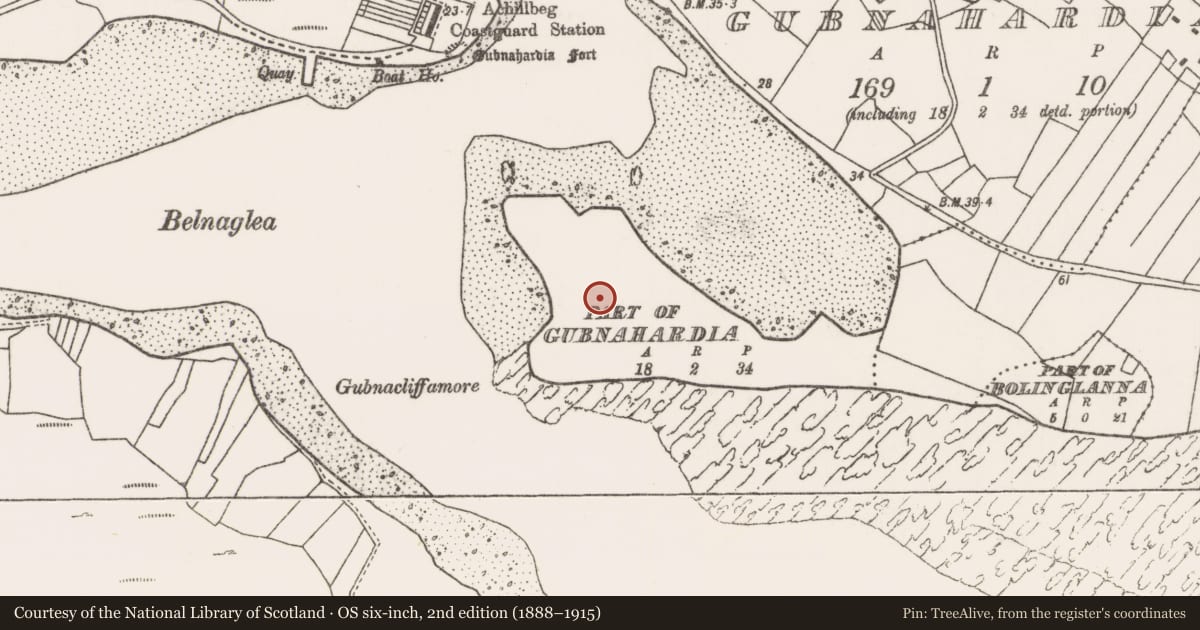 Ordnance Survey six-inch map, 2nd edition (1888–1915) covering the location of Midden, Gob Na Hairde, County Mayo, with a pin at the register's coordinates