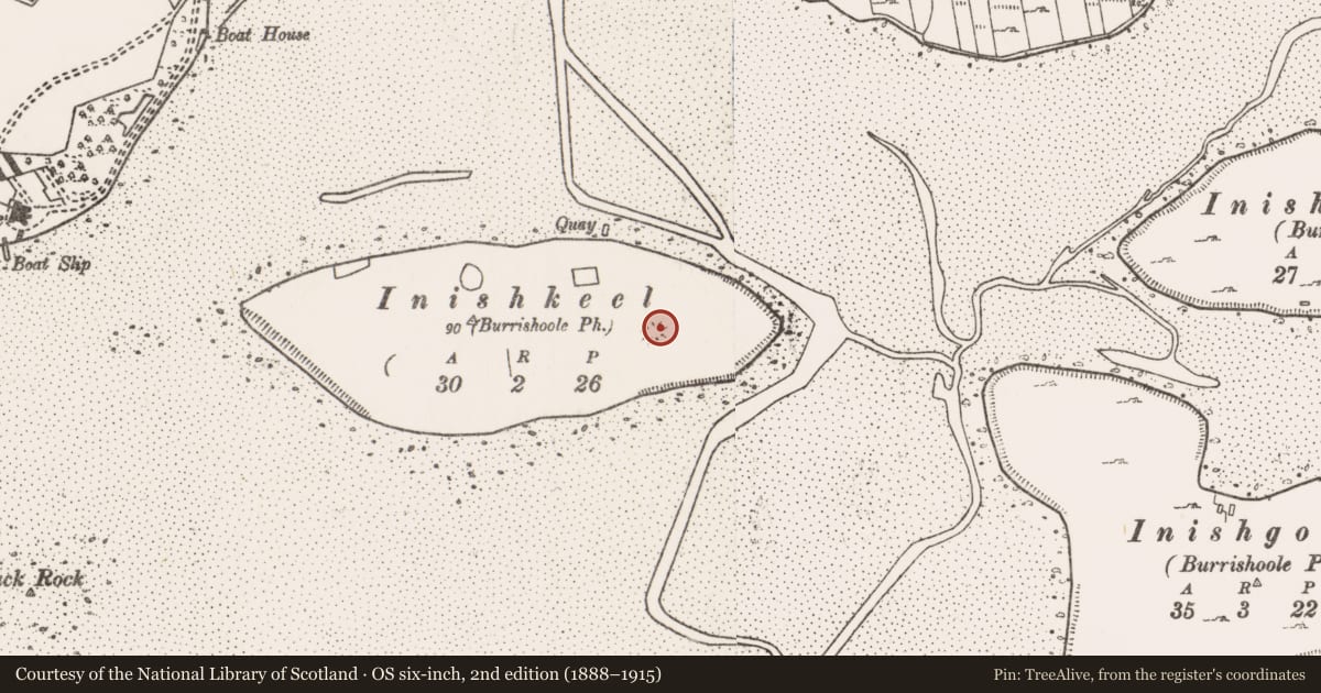 Ordnance Survey six-inch map, 2nd edition (1888–1915) covering the location of Souterrain, Inishkeel Island, County Mayo, with a pin at the register's coordinates