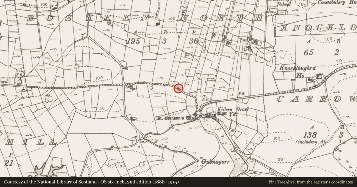 Ordnance Survey six-inch map, 2nd edition (1888–1915) covering the location of Building, Roskeen North, County Mayo, with a pin at the register's coordinates