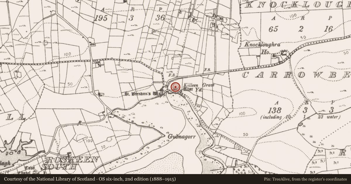 Ordnance Survey six-inch map, 2nd edition (1888–1915) covering the location of Ringfort - cashel, Roskeen North, County Mayo, with a pin at the register's coordinates