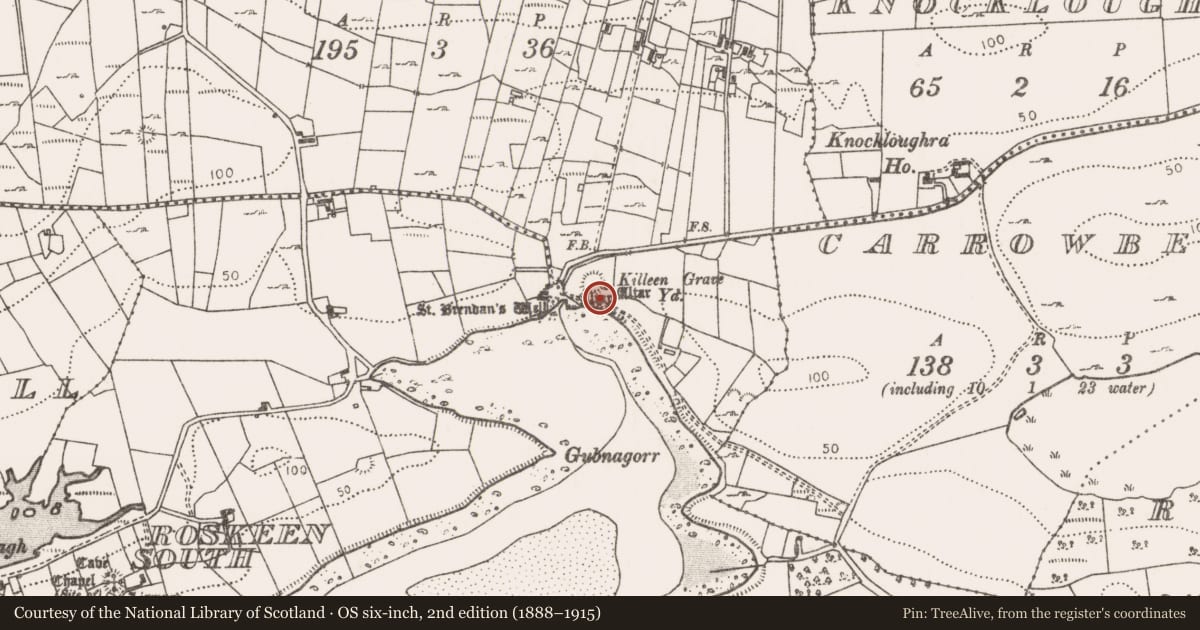 Ordnance Survey six-inch map, 2nd edition (1888–1915) covering the location of Leacht, Roskeen North, County Mayo, with a pin at the register's coordinates