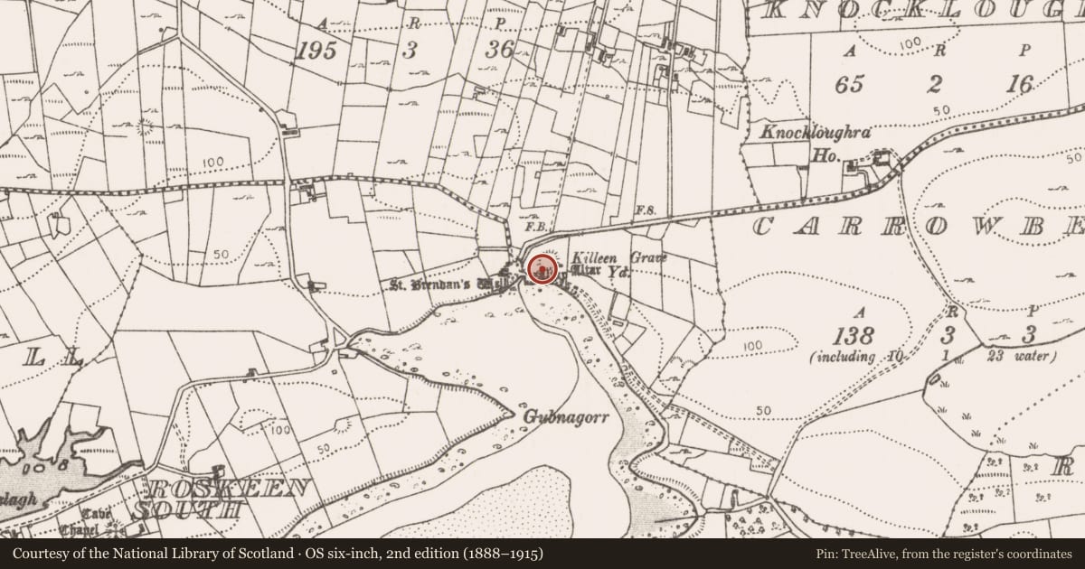 Ordnance Survey six-inch map, 2nd edition (1888–1915) covering the location of Inscribed stone, Roskeen North, County Mayo, with a pin at the register's coordinates