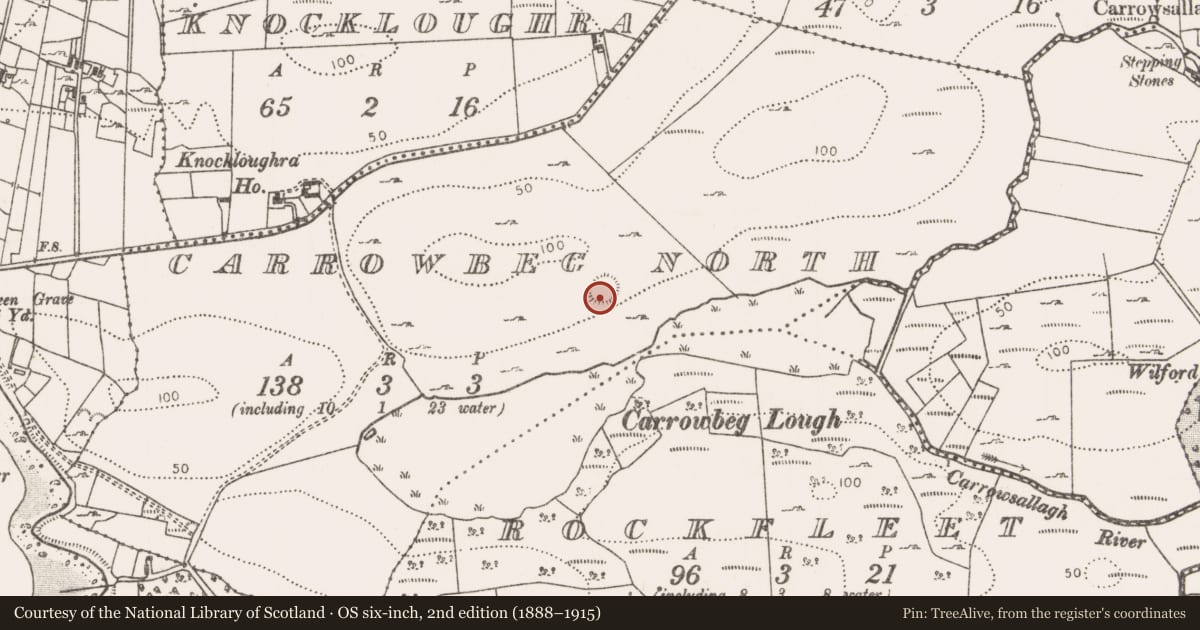 Ordnance Survey six-inch map, 2nd edition (1888–1915) covering the location of Hut site, Carrowbeg North, County Mayo, with a pin at the register's coordinates