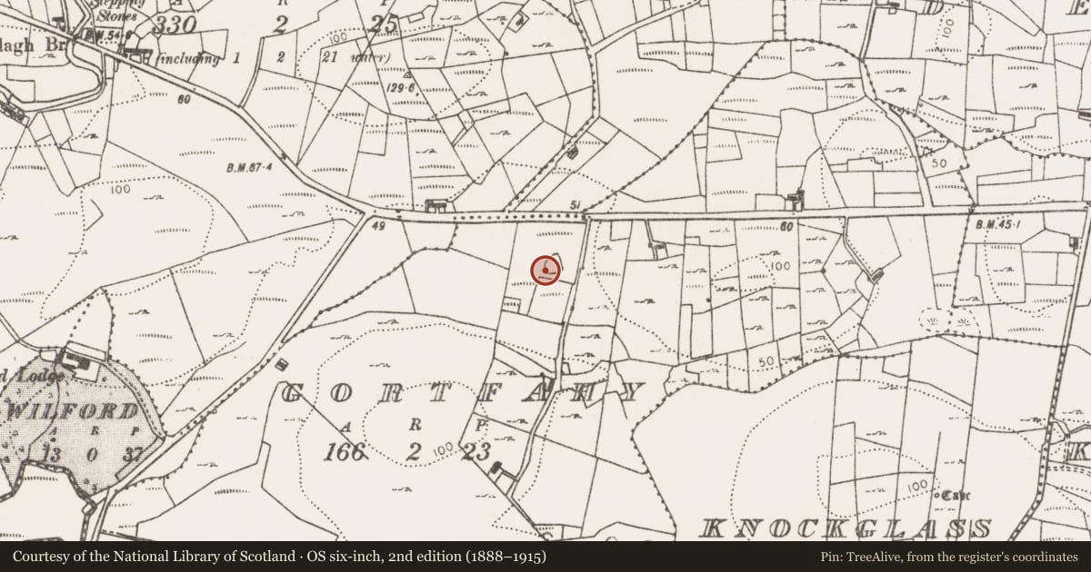 Ordnance Survey six-inch map, 2nd edition (1888–1915) covering the location of Enclosure, Gortfahy, County Mayo, with a pin at the register's coordinates