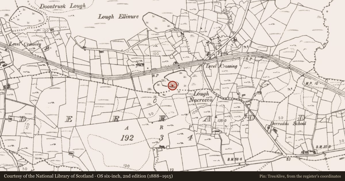 Ordnance Survey six-inch map, 2nd edition (1888–1915) covering the location of Crannog, Doontrusk, County Mayo, with a pin at the register's coordinates