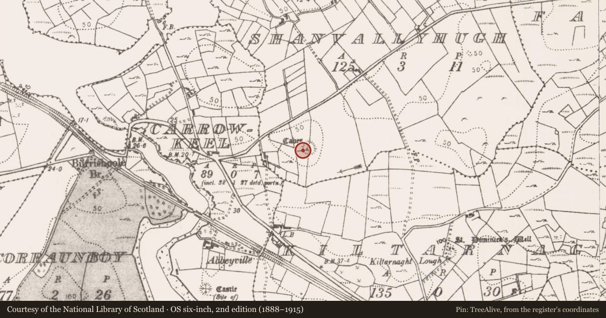 Ordnance Survey six-inch map, 2nd edition (1888–1915) covering the location of Souterrain, Shanvallyhugh, County Mayo, with a pin at the register's coordinates