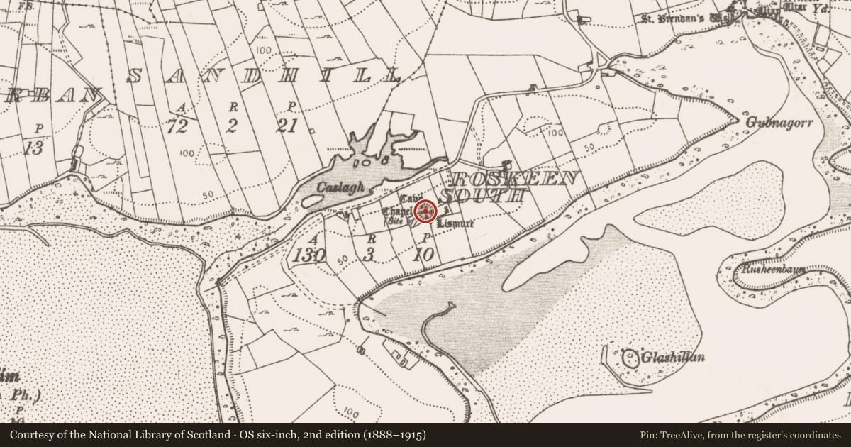 Ordnance Survey six-inch map, 2nd edition (1888–1915) covering the location of Souterrain, Roskeen South, County Mayo, with a pin at the register's coordinates