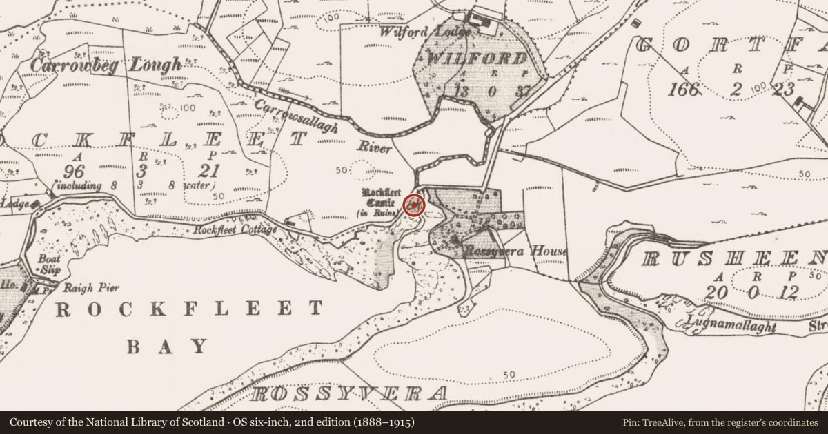 Ordnance Survey six-inch map, 2nd edition (1888–1915) covering the location of Castle - tower house, Rockfleet, County Mayo, with a pin at the register's coordinates