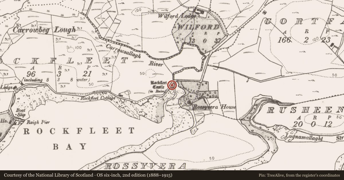 Ordnance Survey six-inch map, 2nd edition (1888–1915) covering the location of Settlement deserted - medieval, Rockfleet, County Mayo, with a pin at the register's coordinates