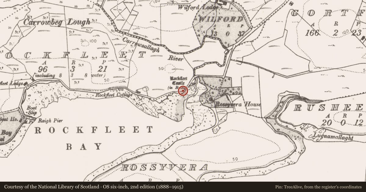 Ordnance Survey six-inch map, 2nd edition (1888–1915) covering the location of Burial, Rockfleet, County Mayo, with a pin at the register's coordinates