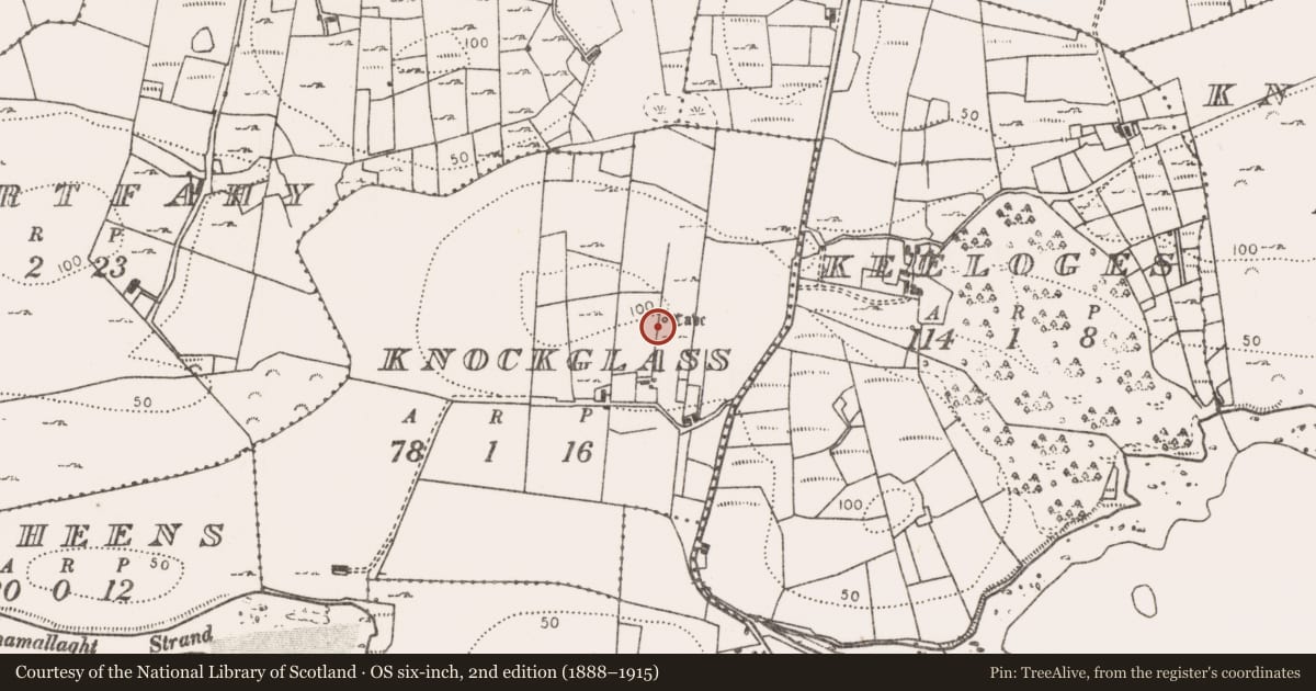 Ordnance Survey six-inch map, 2nd edition (1888–1915) covering the location of Souterrain, Knockglass (Burrishoole By., Burrishoole Par.), County Mayo, with a pin at the register's coordinates