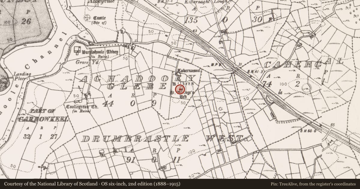 Ordnance Survey six-inch map, 2nd edition (1888–1915) covering the location of Burial ground, Aghadooey Glebe, County Mayo, with a pin at the register's coordinates