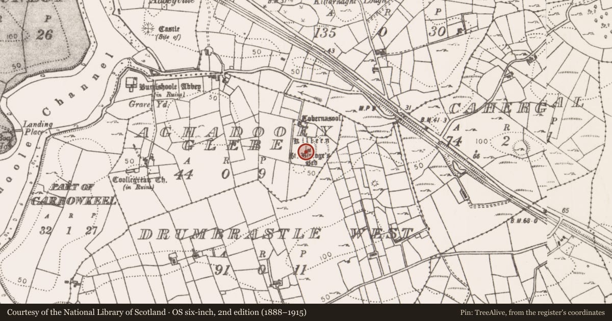 Ordnance Survey six-inch map, 2nd edition (1888–1915) covering the location of Leacht, Aghadooey Glebe, County Mayo, with a pin at the register's coordinates
