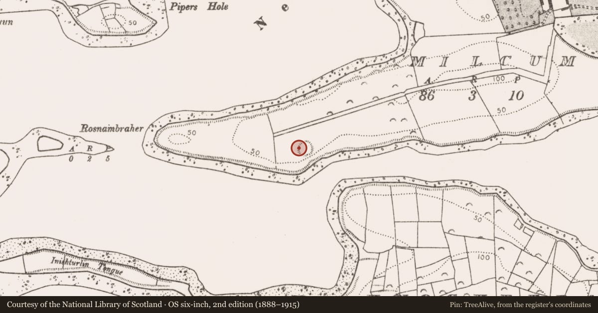 Ordnance Survey six-inch map, 2nd edition (1888–1915) covering the location of Enclosure, Milcum, County Mayo, with a pin at the register's coordinates