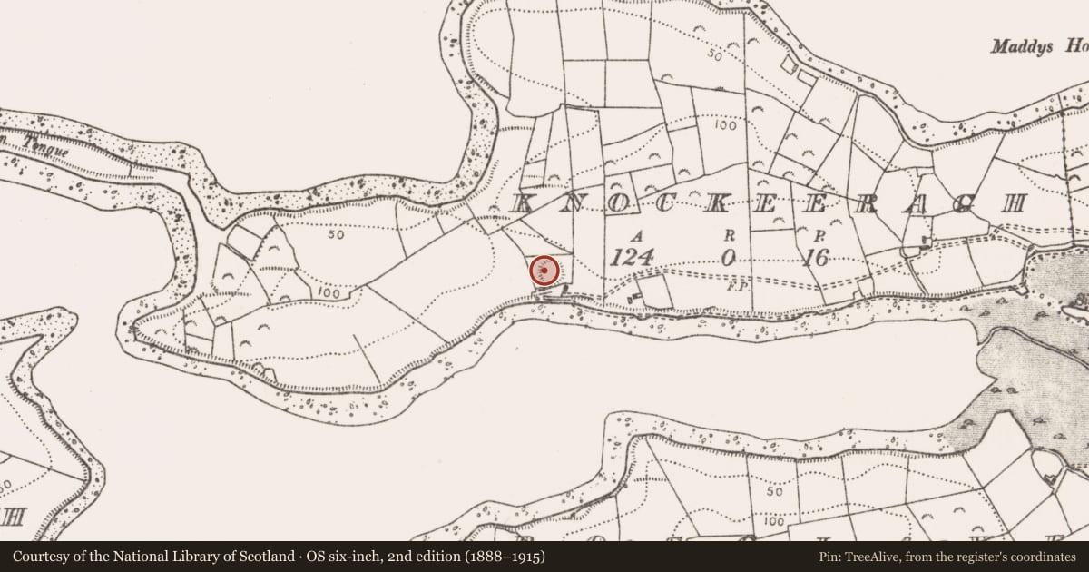 Ordnance Survey six-inch map, 2nd edition (1888–1915) covering the location of Enclosure, Knockeeragh, County Mayo, with a pin at the register's coordinates