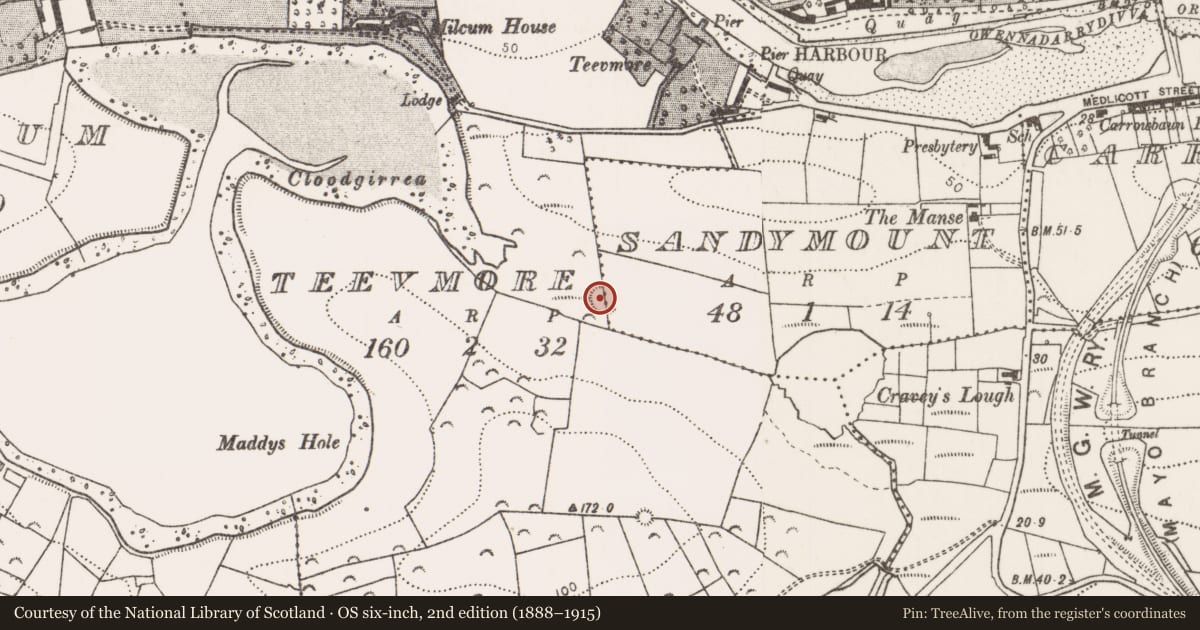 Ordnance Survey six-inch map, 2nd edition (1888–1915) covering the location of Enclosure, Sandymount, Teevmore, County Mayo, with a pin at the register's coordinates