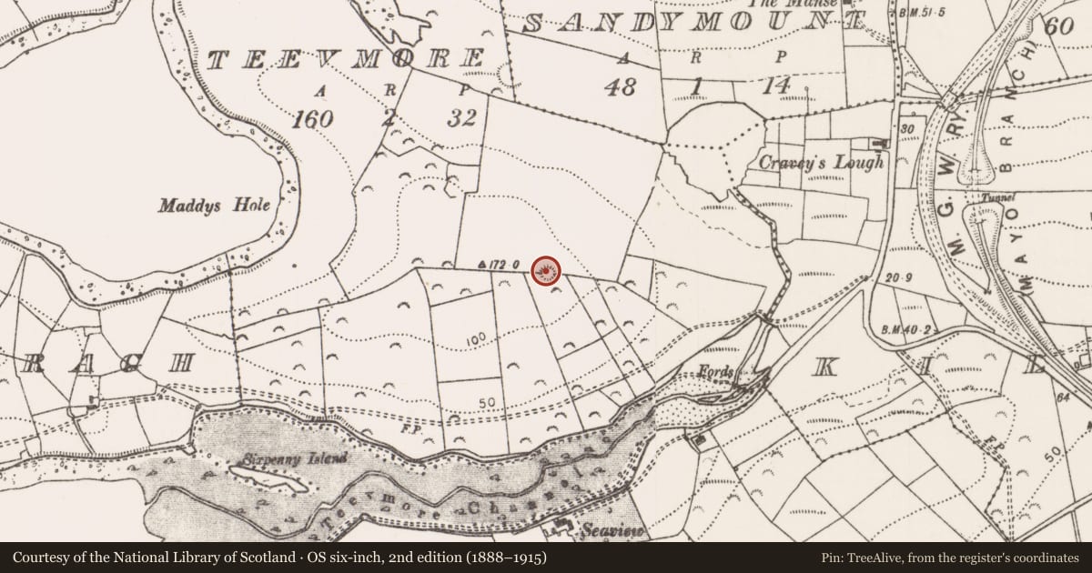 Ordnance Survey six-inch map, 2nd edition (1888–1915) covering the location of Earthwork, Teevmore, County Mayo, with a pin at the register's coordinates
