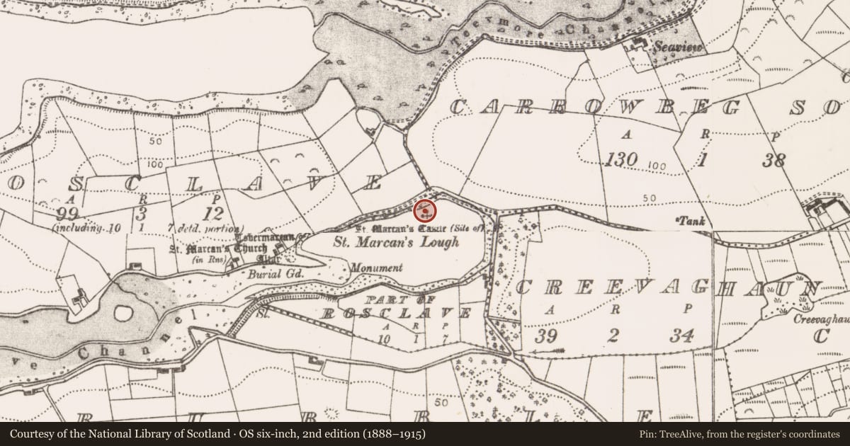 Ordnance Survey six-inch map, 2nd edition (1888–1915) covering the location of Crannog, St. Marcan'S Lough, County Mayo, with a pin at the register's coordinates