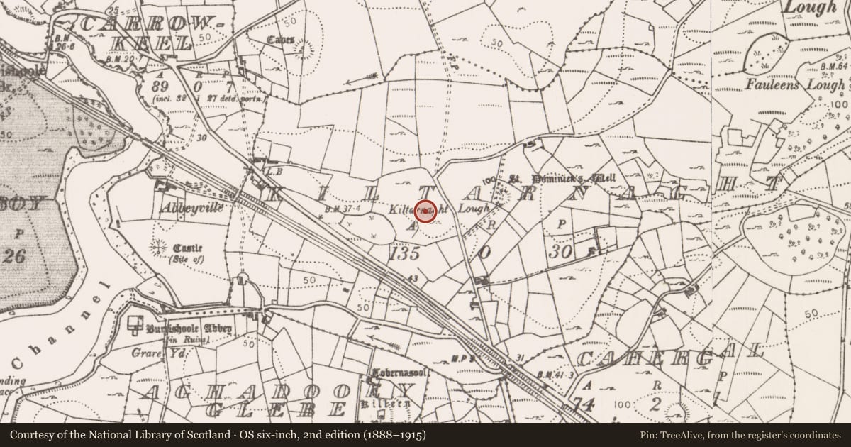 Ordnance Survey six-inch map, 2nd edition (1888–1915) covering the location of Earthwork, Kiltarnaght, County Mayo, with a pin at the register's coordinates