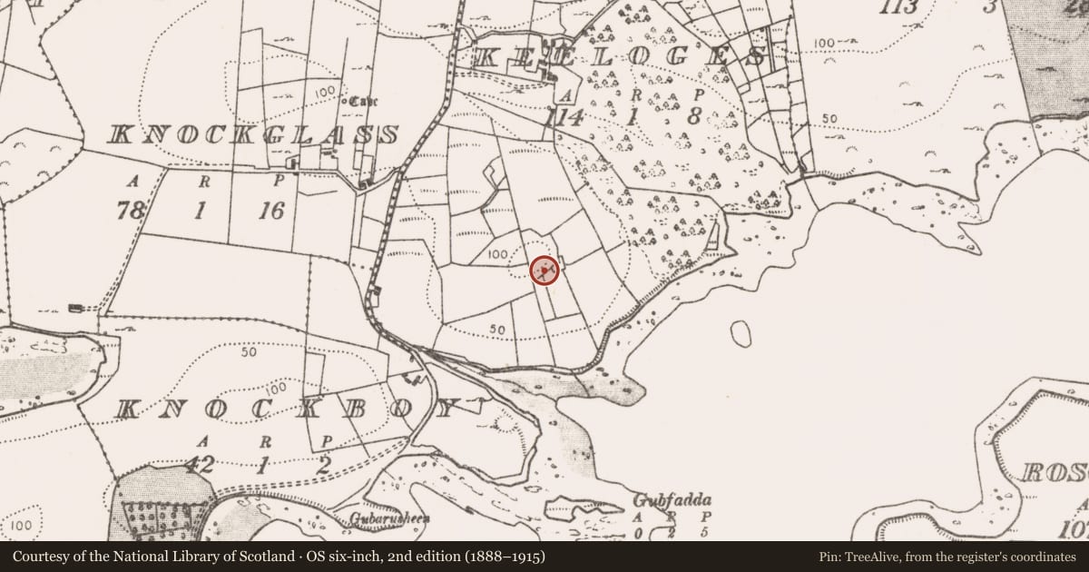 Ordnance Survey six-inch map, 2nd edition (1888–1915) covering the location of Enclosure, Keeloges (Burrishoole By., Burrishoole Par.), County Mayo, with a pin at the register's coordinates