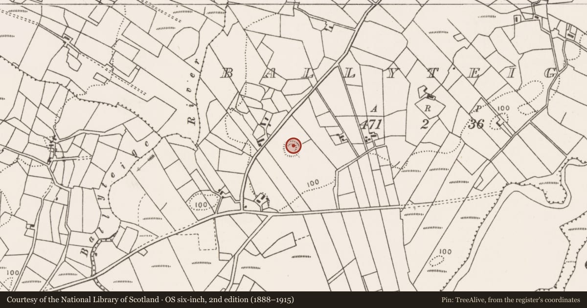 Ordnance Survey six-inch map, 2nd edition (1888–1915) covering the location of Ringfort - rath, Ballyteige, County Mayo, with a pin at the register's coordinates