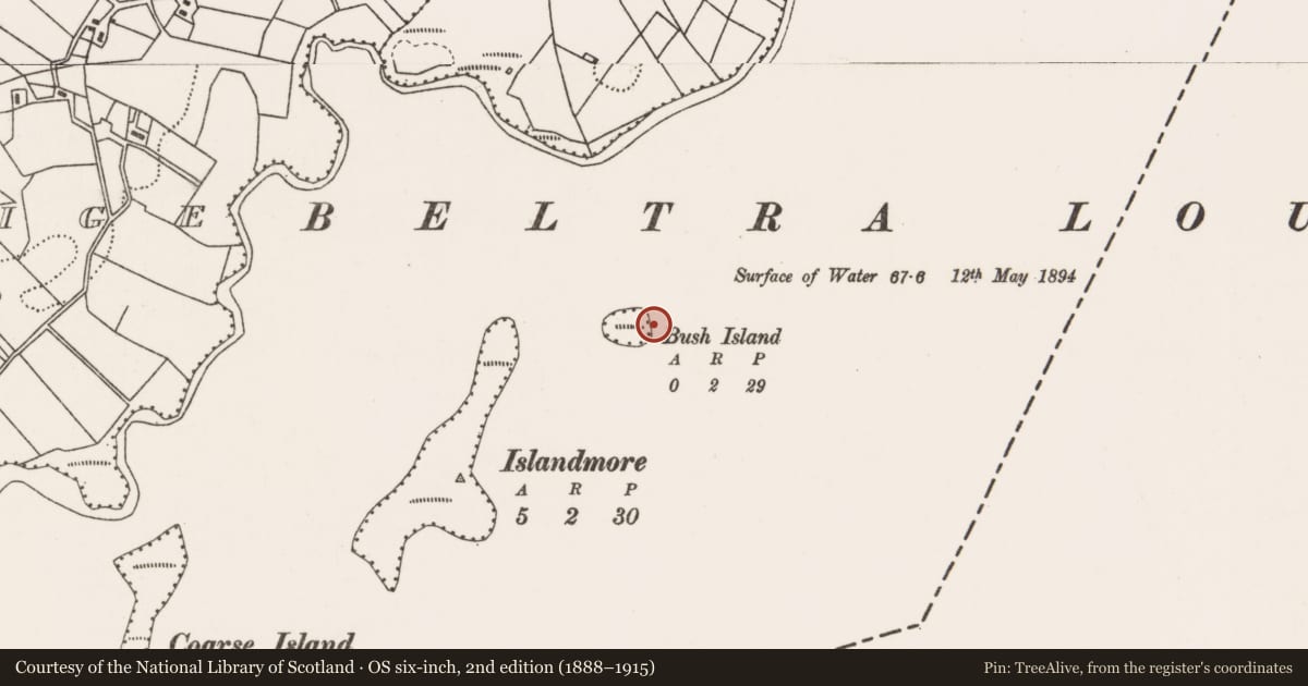 Ordnance Survey six-inch map, 2nd edition (1888–1915) covering the location of Crannog, Beltra Lough, County Mayo, with a pin at the register's coordinates