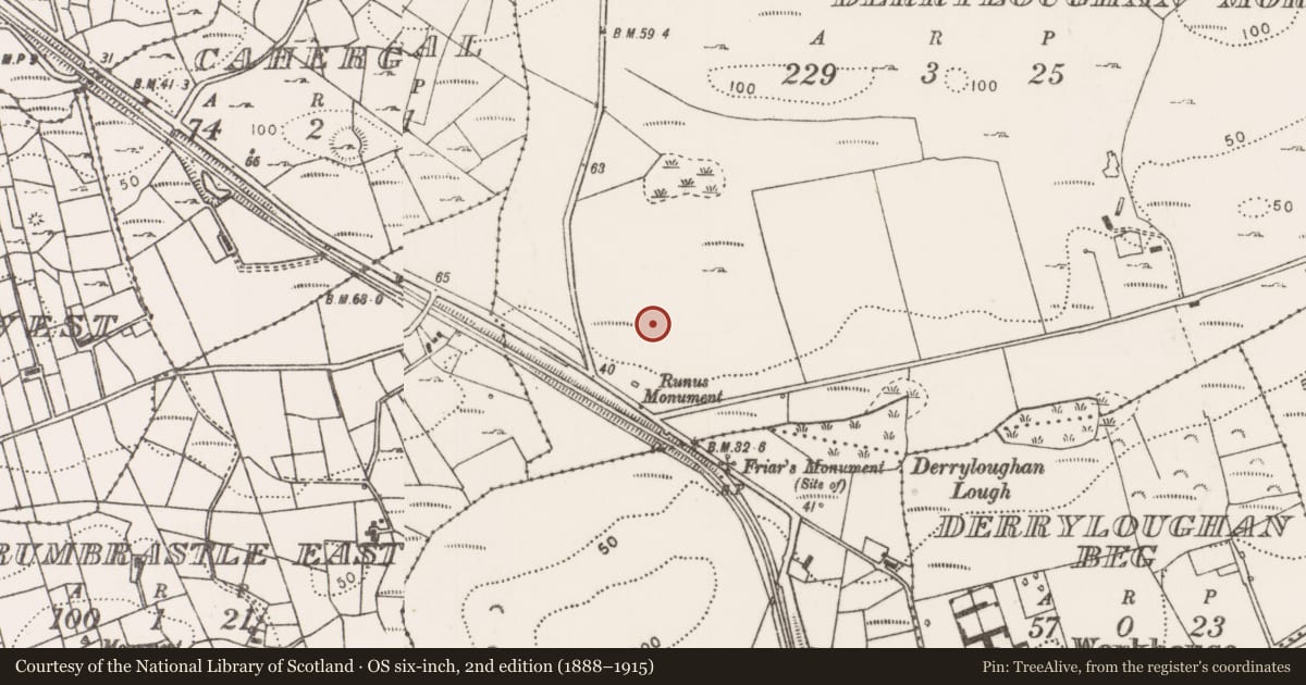 Ordnance Survey six-inch map, 2nd edition (1888–1915) covering the location of Souterrain, Derryloughan More, County Mayo, with a pin at the register's coordinates