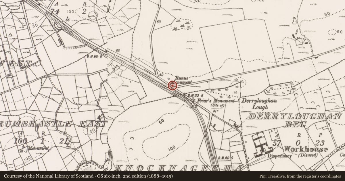 Ordnance Survey six-inch map, 2nd edition (1888–1915) covering the location of Monumental structure, Derryloughan More, County Mayo, with a pin at the register's coordinates