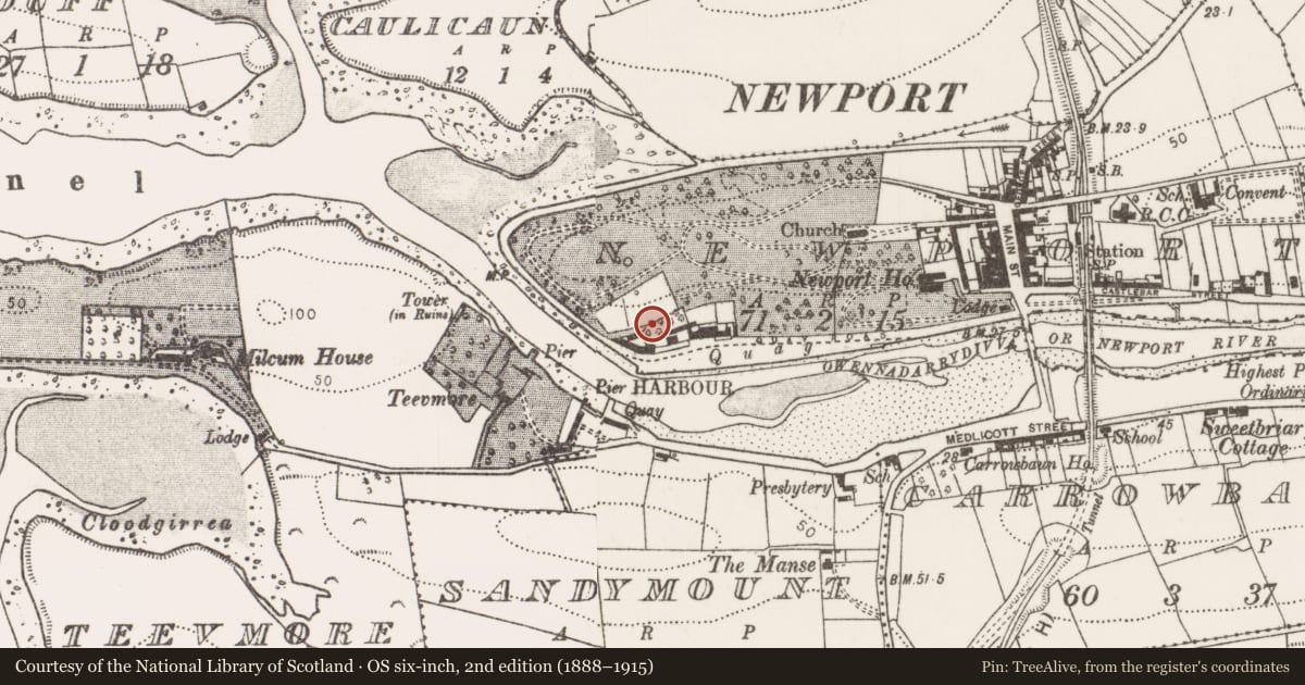 Ordnance Survey six-inch map, 2nd edition (1888–1915) covering the location of Enclosure, Newport, County Mayo, with a pin at the register's coordinates