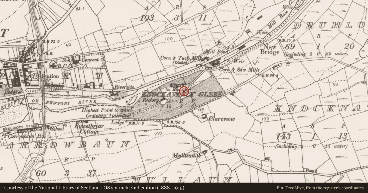 Ordnance Survey six-inch map, 2nd edition (1888–1915) covering the location of Church, Knockaveely Glebe, County Mayo, with a pin at the register's coordinates