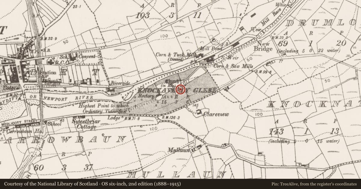 Ordnance Survey six-inch map, 2nd edition (1888–1915) covering the location of Graveyard, Knockaveely Glebe, County Mayo, with a pin at the register's coordinates