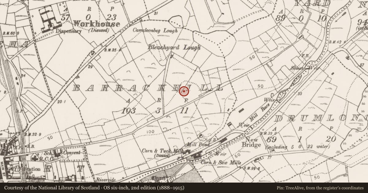 Ordnance Survey six-inch map, 2nd edition (1888–1915) covering the location of Earthwork, Barrackhill, County Mayo, with a pin at the register's coordinates