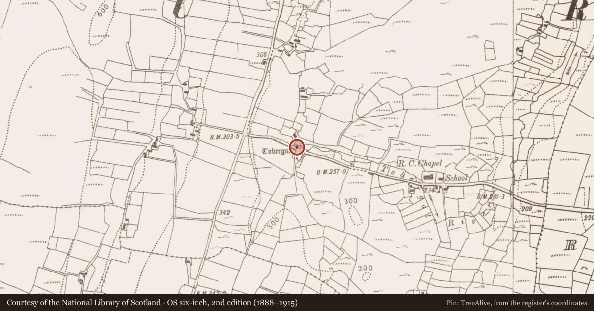 Ordnance Survey six-inch map, 2nd edition (1888–1915) covering the location of Ritual site - holy well, Crumlin, County Mayo, with a pin at the register's coordinates