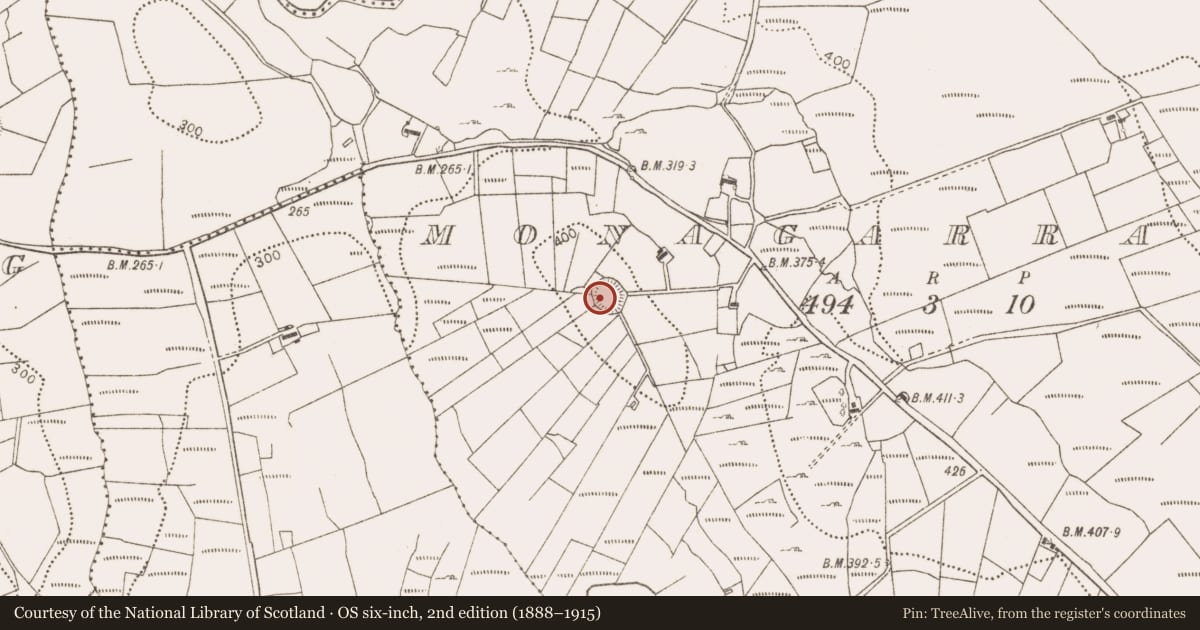 Ordnance Survey six-inch map, 2nd edition (1888–1915) covering the location of Ringfort - rath, Monagarraun, County Mayo, with a pin at the register's coordinates
