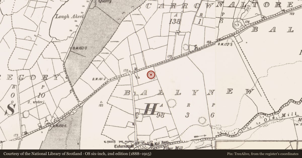 Ordnance Survey six-inch map, 2nd edition (1888–1915) covering the location of Ringfort - rath, Ballynew, County Mayo, with a pin at the register's coordinates