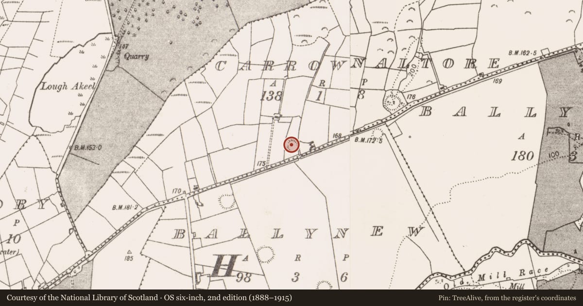 Ordnance Survey six-inch map, 2nd edition (1888–1915) covering the location of Ringfort - rath, Carrownaltore, County Mayo, with a pin at the register's coordinates