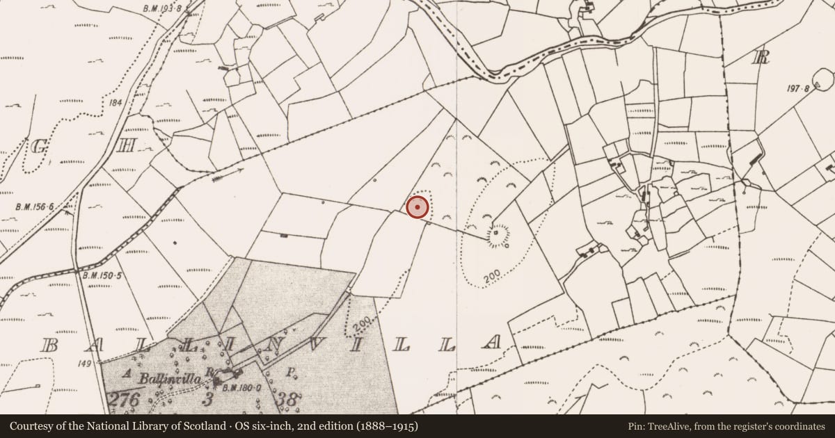 Ordnance Survey six-inch map, 2nd edition (1888–1915) covering the location of Souterrain, Ballinvilla, County Mayo, with a pin at the register's coordinates