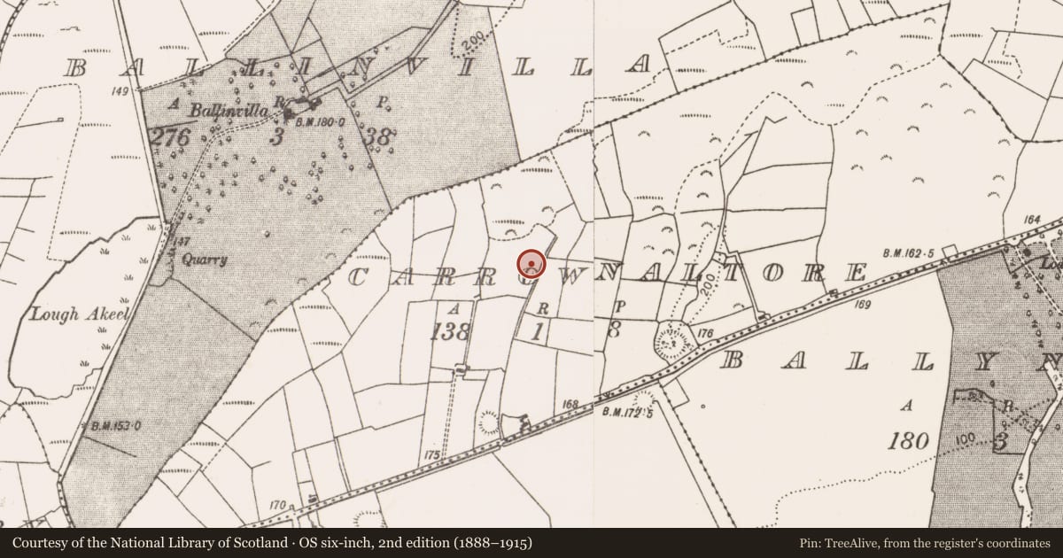 Ordnance Survey six-inch map, 2nd edition (1888–1915) covering the location of Mass-rock, Carrownaltore, County Mayo, with a pin at the register's coordinates