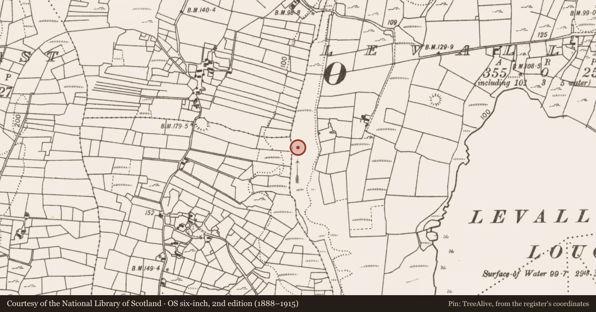 Ordnance Survey six-inch map, 2nd edition (1888–1915) covering the location of Fulacht fia, Levallinree, County Mayo, with a pin at the register's coordinates