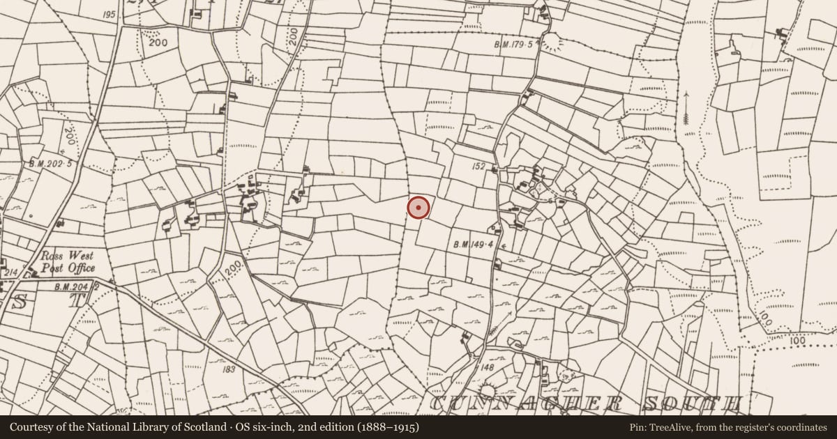Ordnance Survey six-inch map, 2nd edition (1888–1915) covering the location of Fulacht fia, Cunnagher South, County Mayo, with a pin at the register's coordinates
